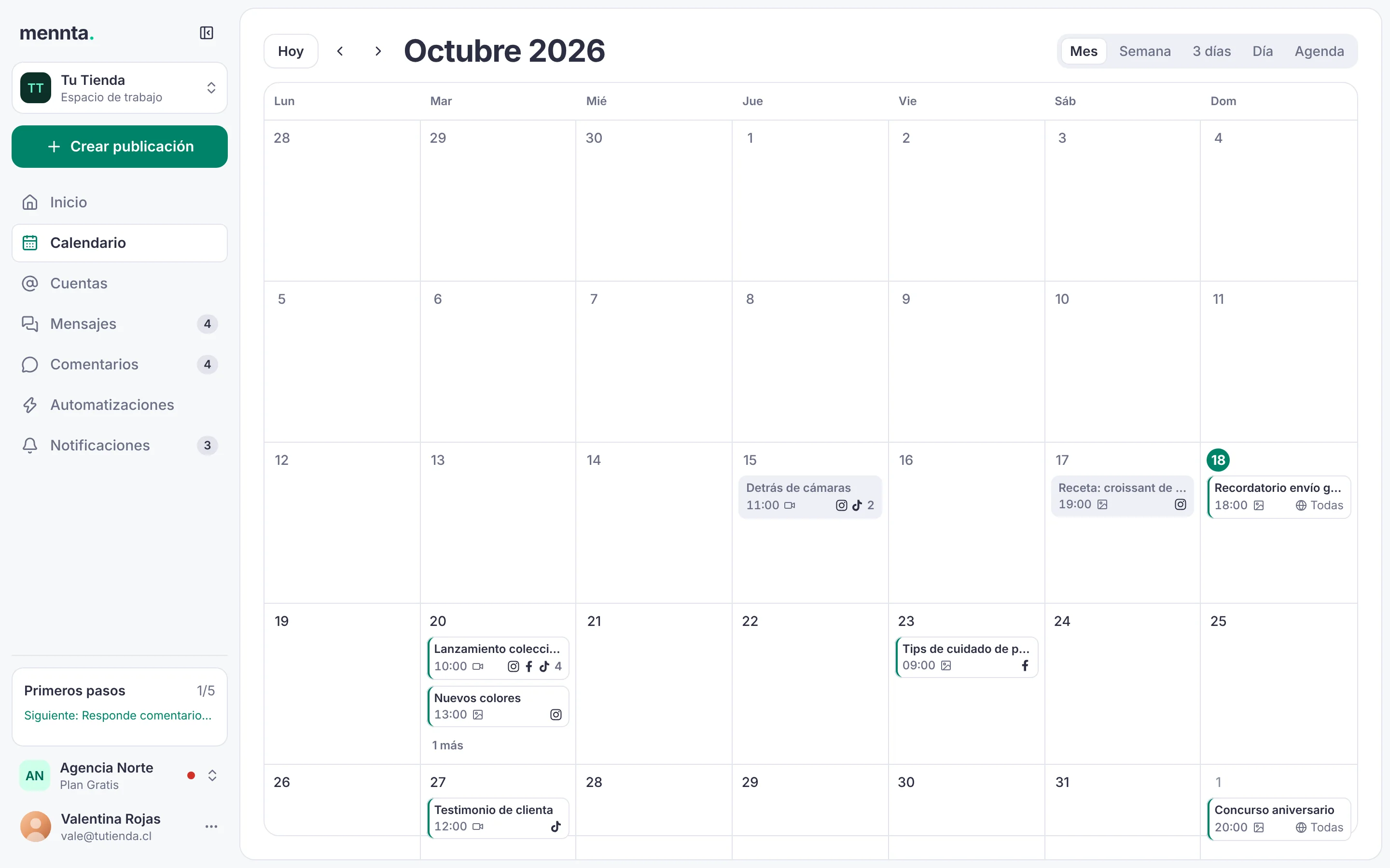 Pantalla real de Mennta: calendario mensual de octubre con publicaciones programadas y publicadas