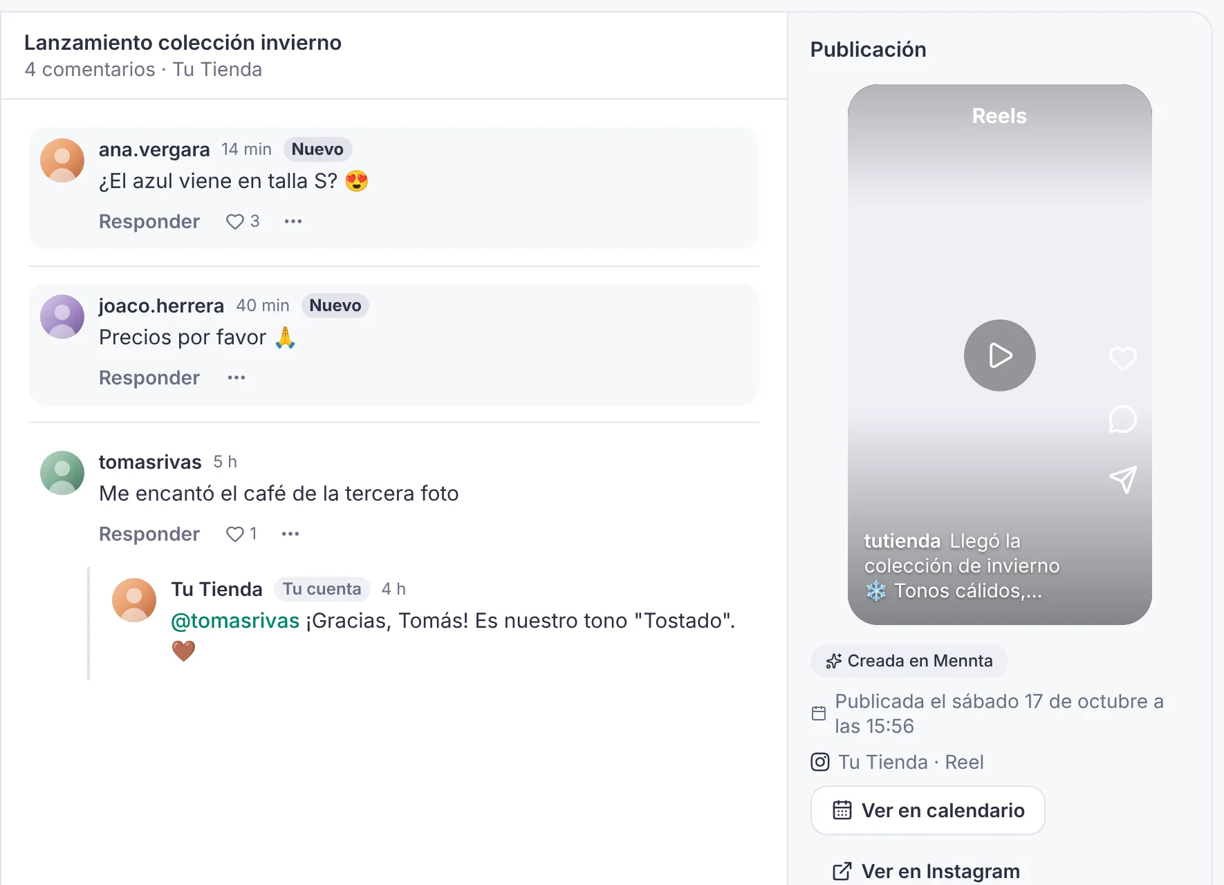 Pantalla real de Mennta: comentarios de un Reel de Instagram con la vista de la publicación