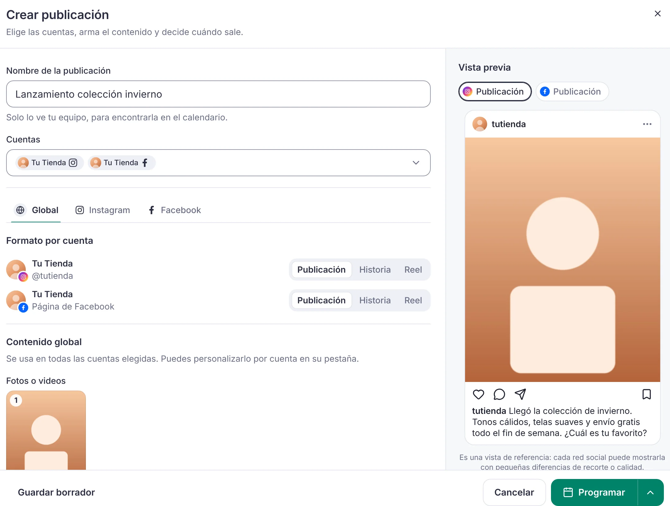 Pantalla real de Mennta: crear publicación con dos cuentas elegidas, formato por cuenta, contenido global y vista previa