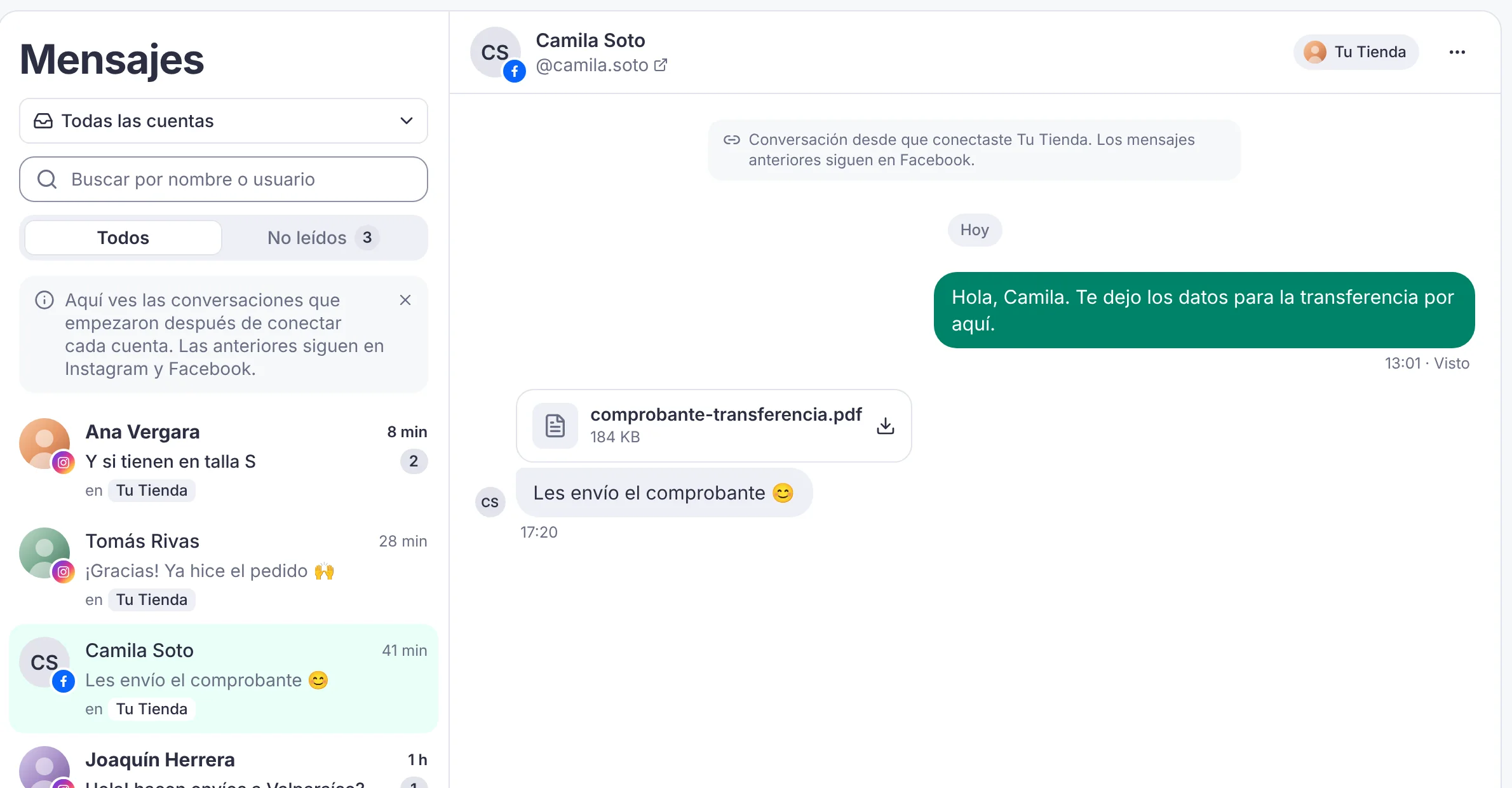 Pantalla real de Mennta: conversación de Messenger de una página de Facebook en la bandeja unificada
