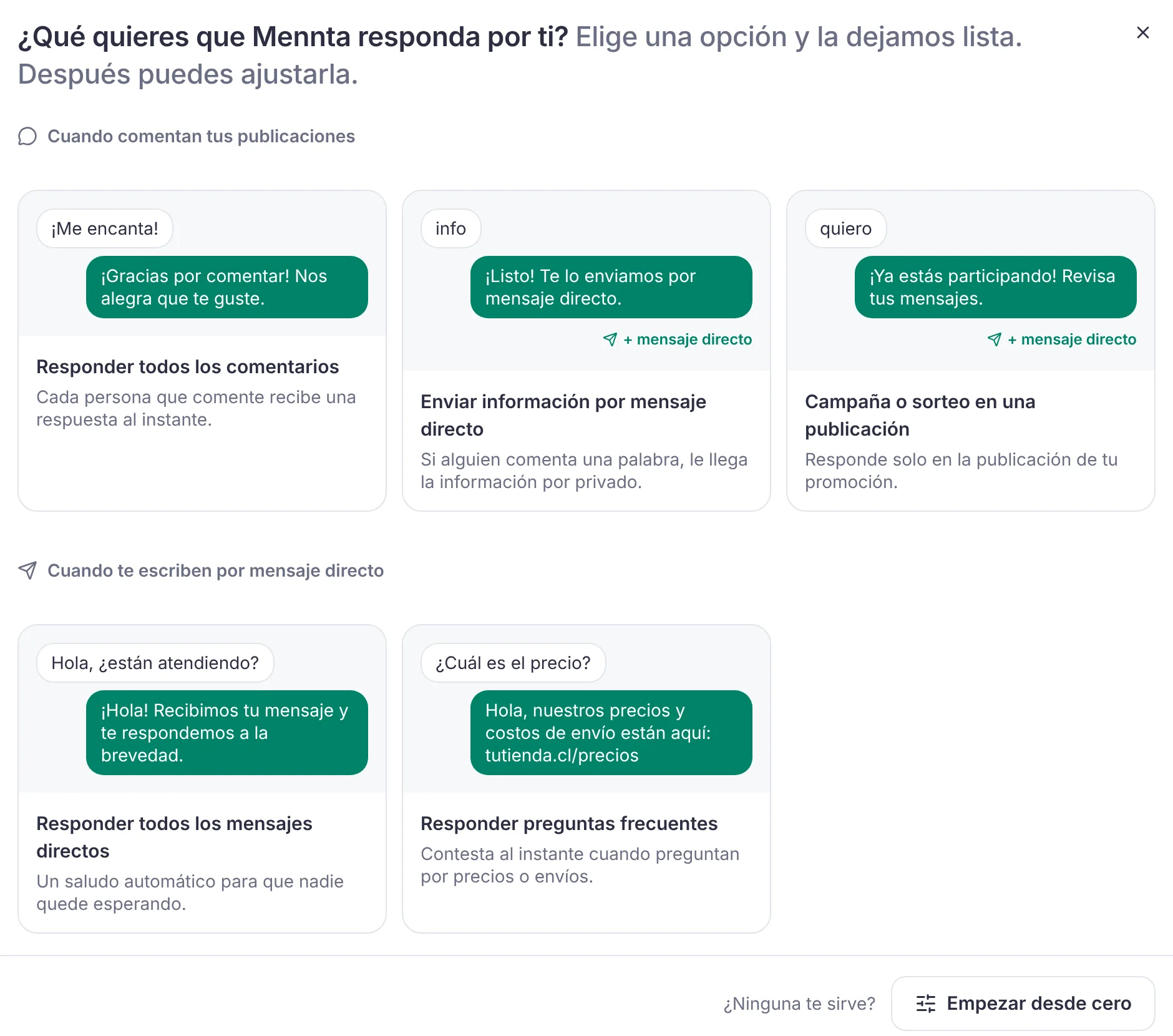 Pantalla real de Mennta: plantillas de automatización para comentarios y mensajes directos, y opción de empezar desde cero