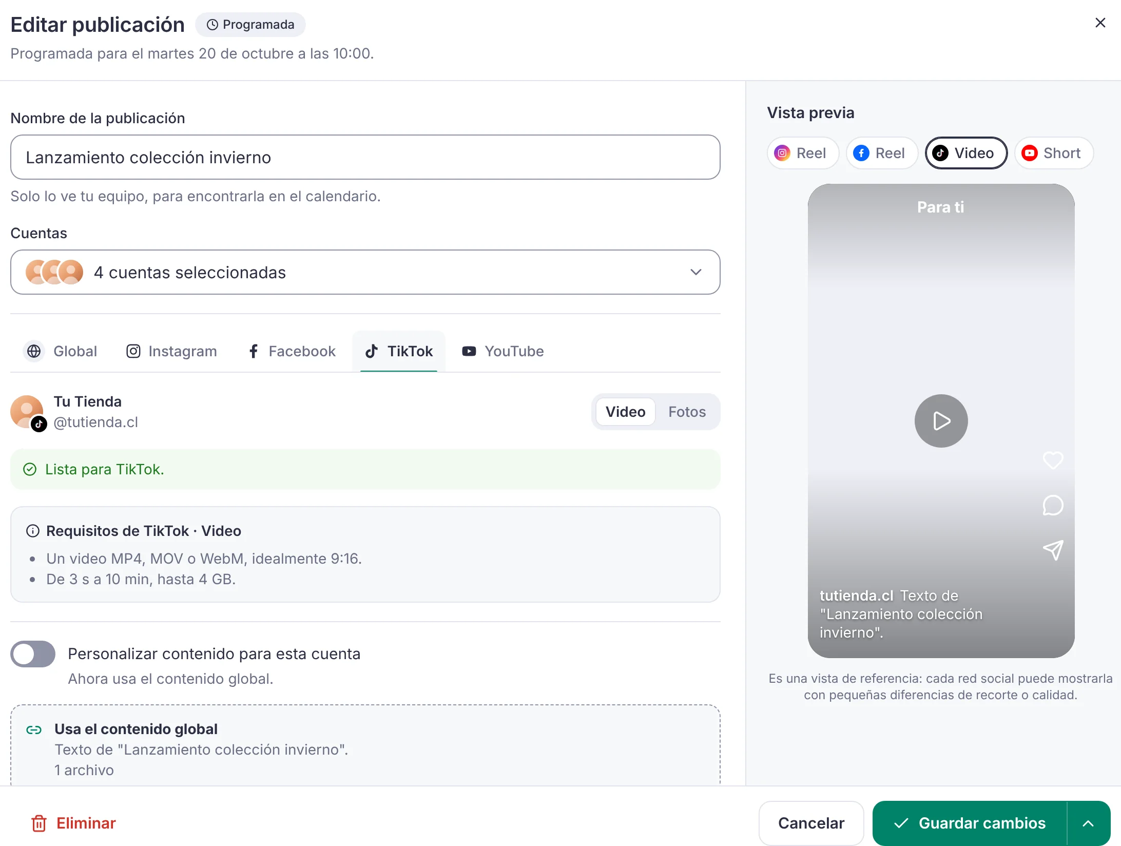 Pantalla real de Mennta: publicación programada con la pestaña de TikTok, requisitos del video y vista previa Para ti