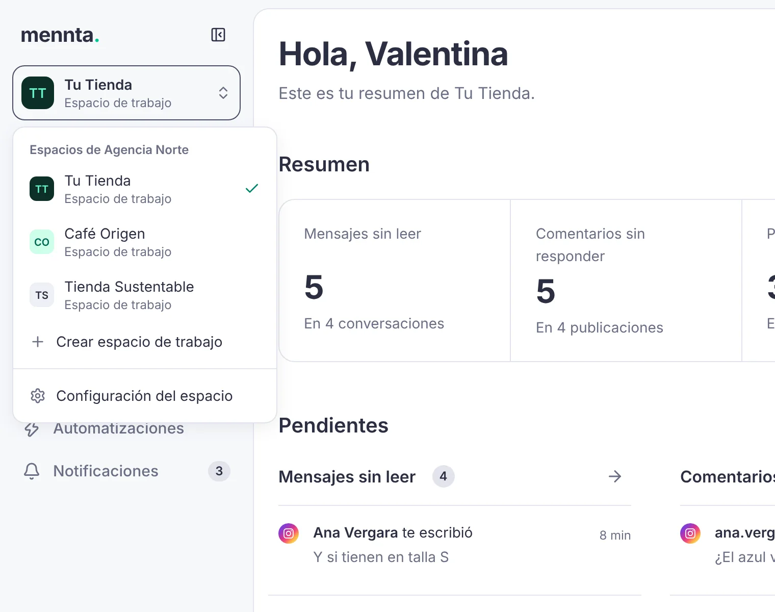 Pantalla de Mennta: selector de espacios de trabajo con Tu Tienda, Café Origen y Tienda Sustentable